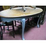 A XIX Century French Oak Oval Topped Extending Dining Table, over painted base on grey painted