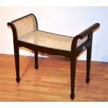 A mahogany window seat, with cane bergere seat, raised on tapering supports,
