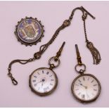 Two ladies late Victorian silver fob watches, both with white enamel dials and Roman numerals,