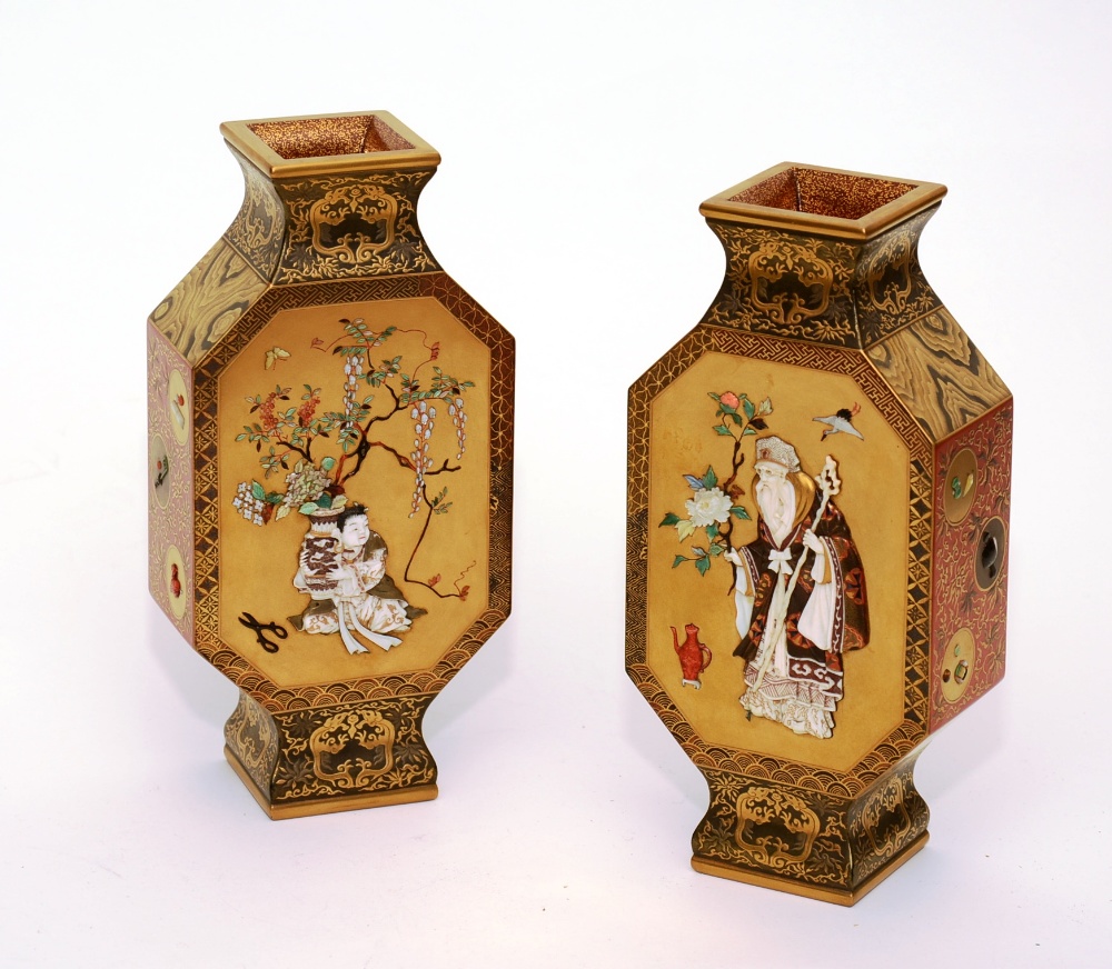 A pair of Japanese Shibayama lacquered pedestal vases circa 1930's,