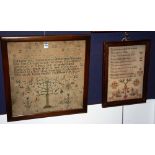 A 19th century needlepoint sampler, framed in mahogany, 44cm high x 42.