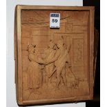 A carved wood relief wall plaque, with label for Unterberger Insbruck, 21.5cm high x 17.