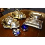 A pair of plated entree dishes, 38cm diameter, together with two other plated entree dishes,