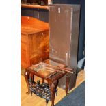 A metal gun cabinet, 131cm high x 41cm wide, together with a mahogany dressing stool frame,