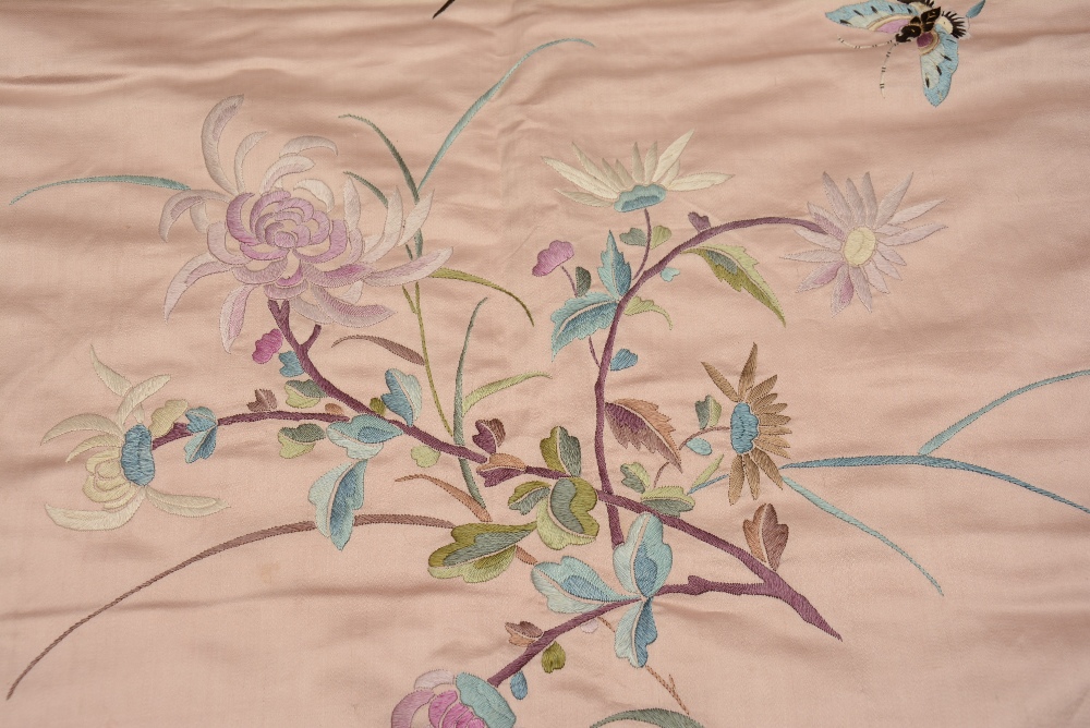 An Oriental embroidered silk, decorated with birds, butterflies and flowers, - Image 2 of 5