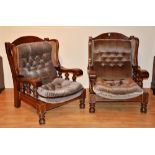 A pair of oak priory style lounge armchairs, upholstered in fawn velour,