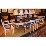 A large painted mahogany D-end dining table, 75cm high x 270cm wide x 139cm deep,