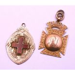 Two 9ct gold medals, one with red enamel cross to front,