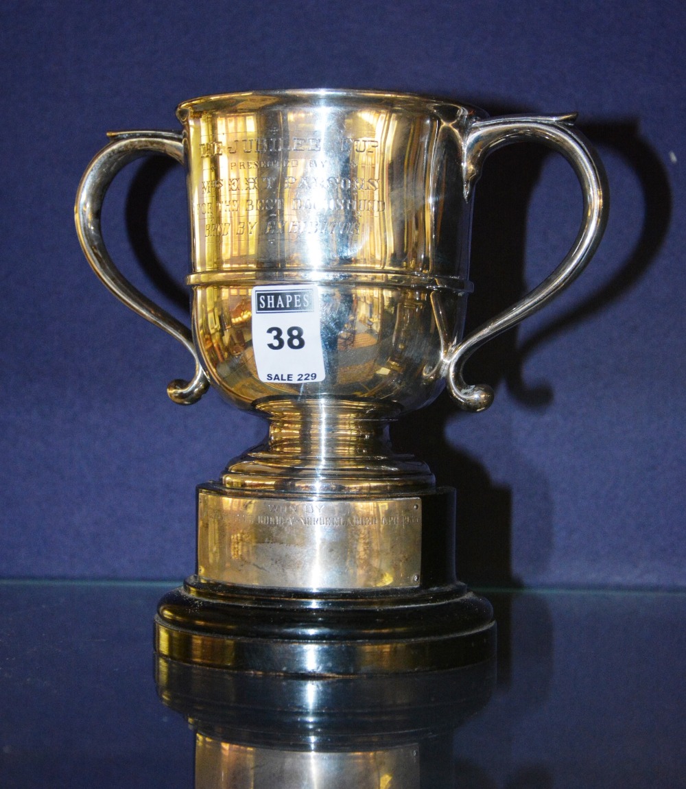 A silver two handled presentation cup, hallmarks for Sheffield,