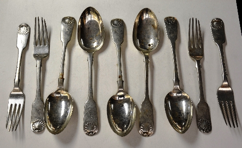 Five 19th century Scottish silver fiddle & shell pattern tablespoons, and four forks,