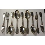 Five 19th century Scottish silver fiddle & shell pattern tablespoons, and four forks,