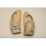A pair of marine bone whale tooth scrimshaws, both with carved profile of a female,