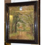 An 18th century style framed stumpwork panel, depicting thatched cottage and trees,