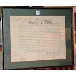 A George V discharge certificate for Earnest Hart O'Doneven Captain Land Forces, with stamp, framed,