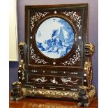 Chinese table screen, with blue and white circular ceramic panel insert,