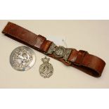 Vintage leather bound belt with metal clasps of military interest for London Scottish Volunteers,