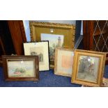 A mixed lot comprising of three unsigned framed watercolours, village scene, landscape,