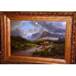 E Heaton 'Highland Cattle' Oil on canvas, signed lower right, 49.