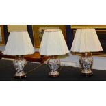 Three matching modern Japanese style vase/table lamps with shades, converted to electricity,