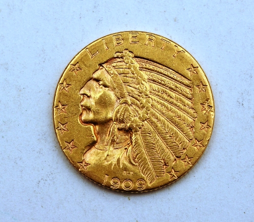 An American liberty 1909 Indian head five dollar gold coin, 8.