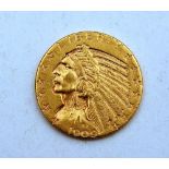 An American liberty 1909 Indian head five dollar gold coin, 8.