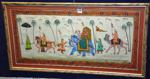 A Persian mughal school panel on silk, depicting royal figures and elephant, framed,