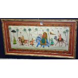 A Persian mughal school panel on silk, depicting royal figures and elephant, framed,