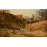 English School (20th Century) 'Landscape; River Bed with Young Men Gesticulating' Oil on canvas,