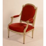 A Louis XVI painted fauteuil armchair, circa 1785, with upholstered back and seat,