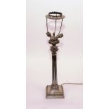 An Edwardian silver plated lamp, circa 1910, with Corinthian column support,