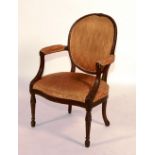 A George III mahogany and beech armchair, circa 1775, carved with neoclassical motifs,