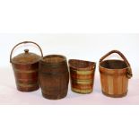 Three vintage wooden buckets, one example bearing crest, together with a small wooden barrel, 29,
