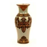 A Chinese style celadon pottery lamp base, decorated with black and gilded panels,