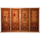A set of four large needlework panels circa 1900, decorated with figures in historical dress,