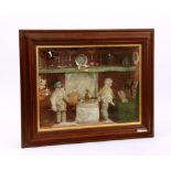 A vintage dolls display in glazed case, including two dolls and kitchen utensils,