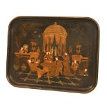 A Japanned lacquered serving tray, circa 19th century, decorated with gilded figures in pavilion,