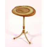 A painted occasional tripod table, the early 19th century top cut from a larger painted panel,