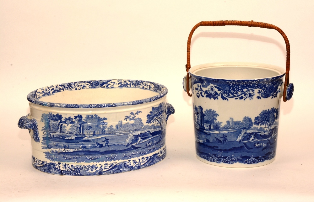 A Copeland Spode blue and white ceramic footbath, decorated with Classical landscape scenes,