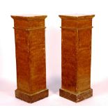 A pair of 19th century painted pedestals, decorated as faux maplewood and with faux marble plinths,