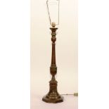 A bronze column lamp with shade, circa 19th century, the slender lamp raised on octagonal base,