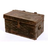A vintage leather bound trunk, with hinged top,
