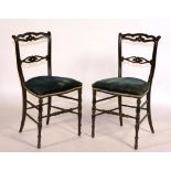 A set of six French Ebonised parlour chairs, circa 1850, four with needlework seats,