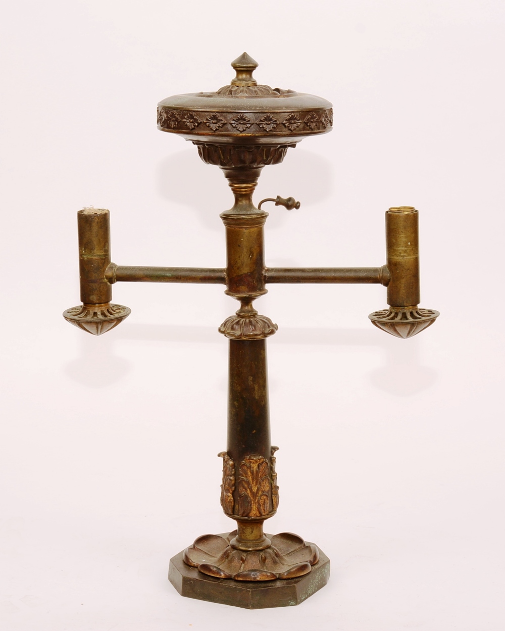 A George IV bronze colza lamp, circa early 20th century, with two branches,