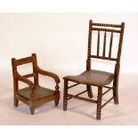A mahogany bobbin chair, circa 19th century, 78cm high, together with a Victorian child's chair,