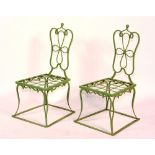 A wire jardiniere, 83cm high x 102cm wide, together with a pair of painted metal garden chairs,