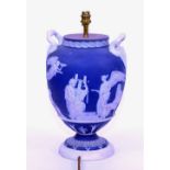 A Wedgwood blue Jasperware vase lamp, circa 19th century,