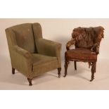 A horsehair filled armchair, circa 19th century, raised on mahogany supports, 77cm high (a/f),