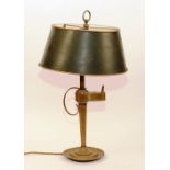 A pair of brass table lamps circa 1900, with later tole shade,