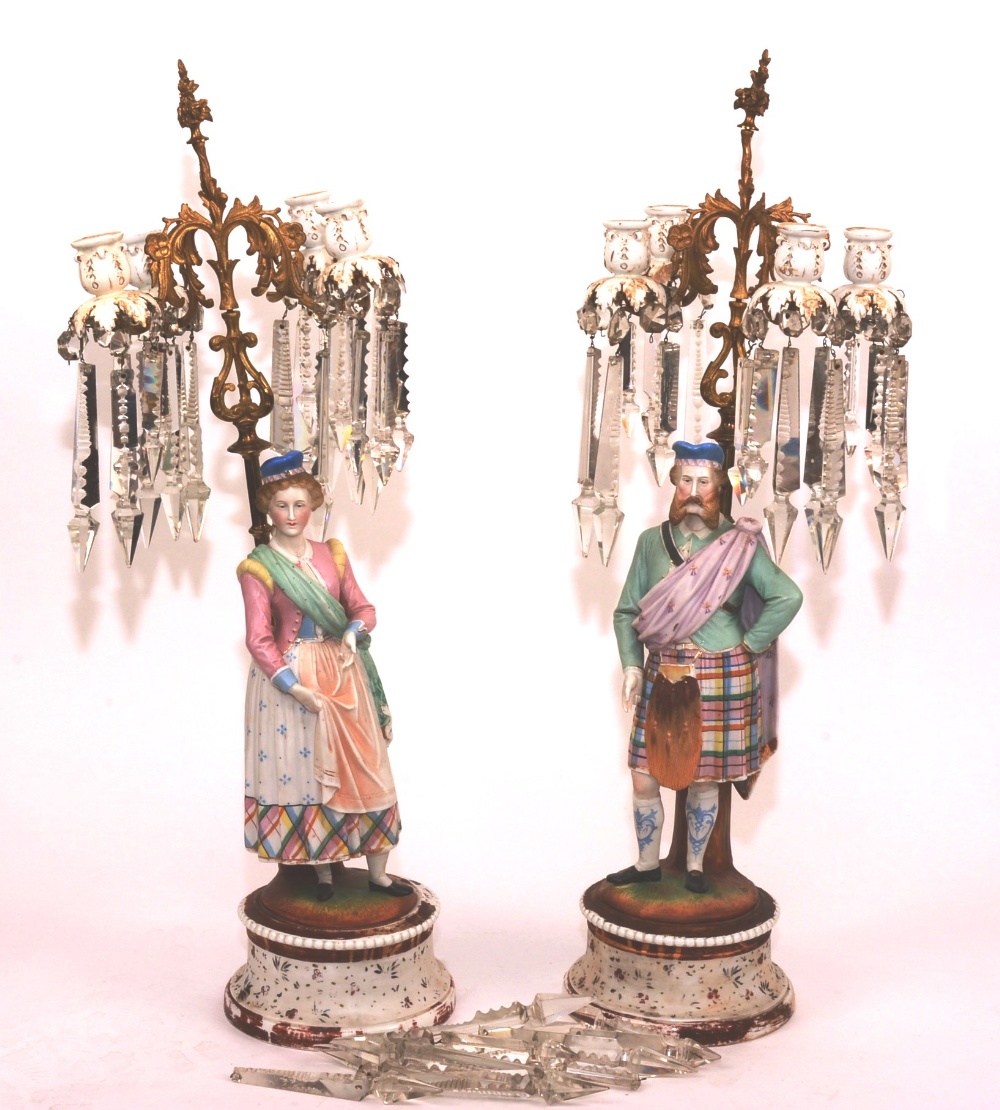 A pair of 19th century porcelain, glass and gilt metal candelabra, circa 1865,