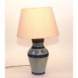 A stoneware vase lamp and shade, circa 1900, saltglazed with grey/blue colour,